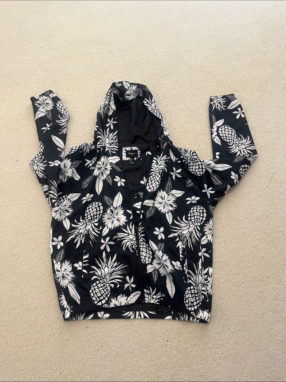 Forever 21 Black & White Pineapple Print Hooded Windbreaker